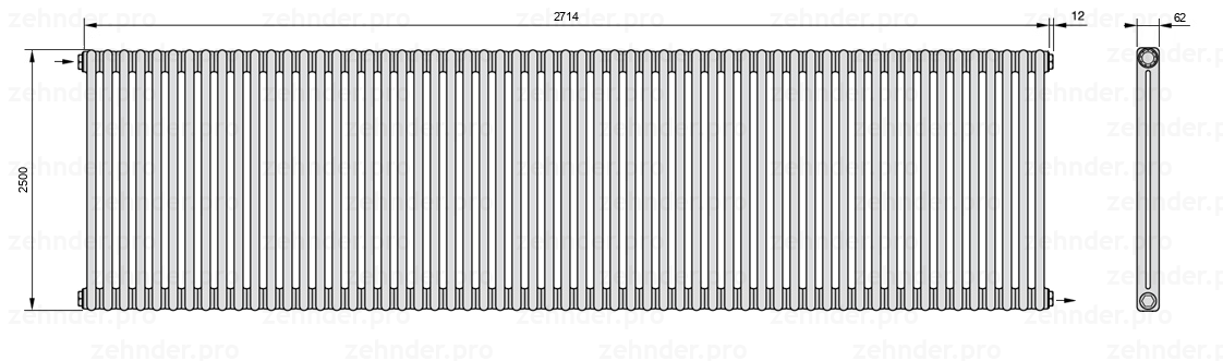 Схема (чертеж) Радиатор Zehnder Charleston 2250/59 №1670 Белый глянцевый RAL 9016